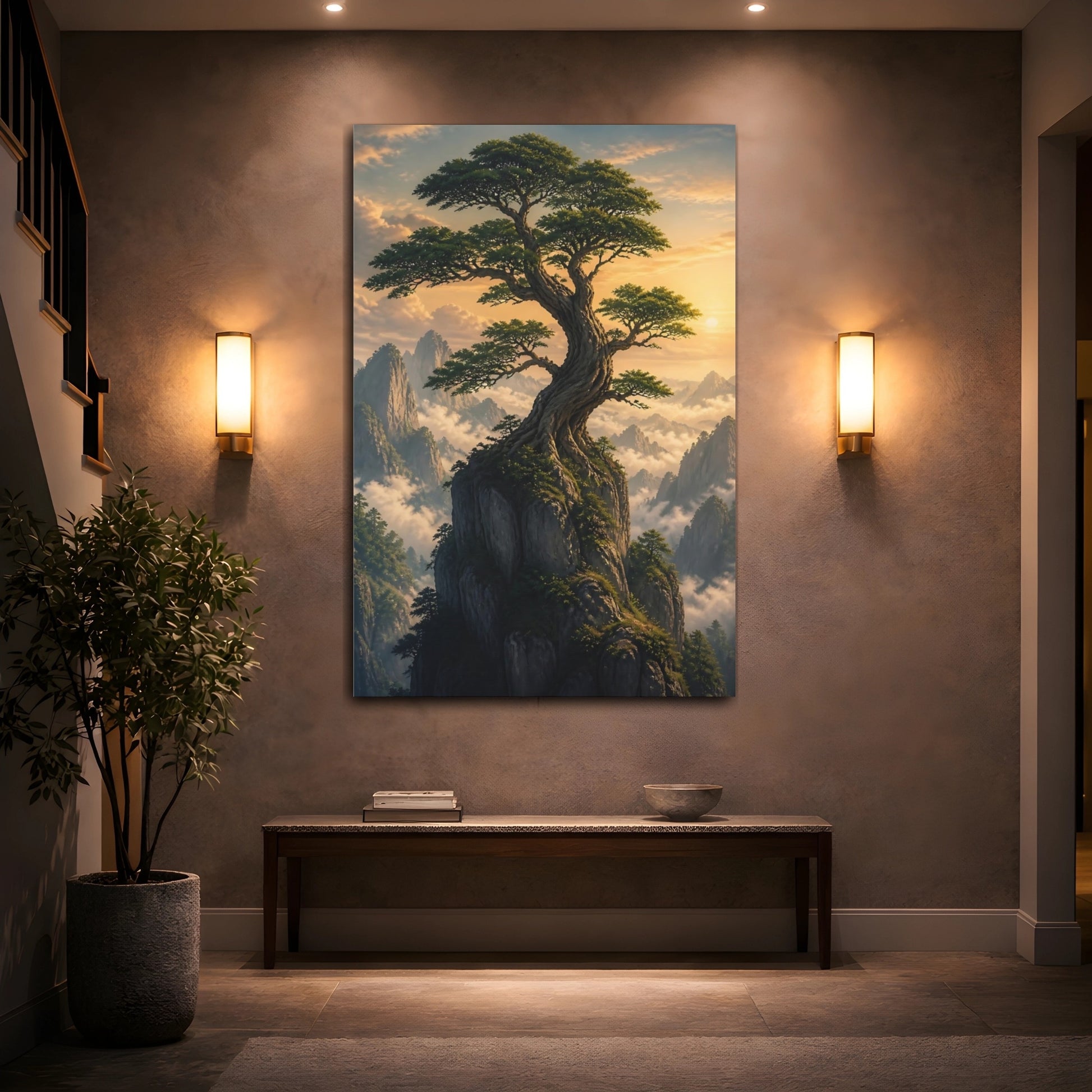 Mockup 2. Nature Bonsai Tree Green And Gold Landscape shown as stretched canvas wall art