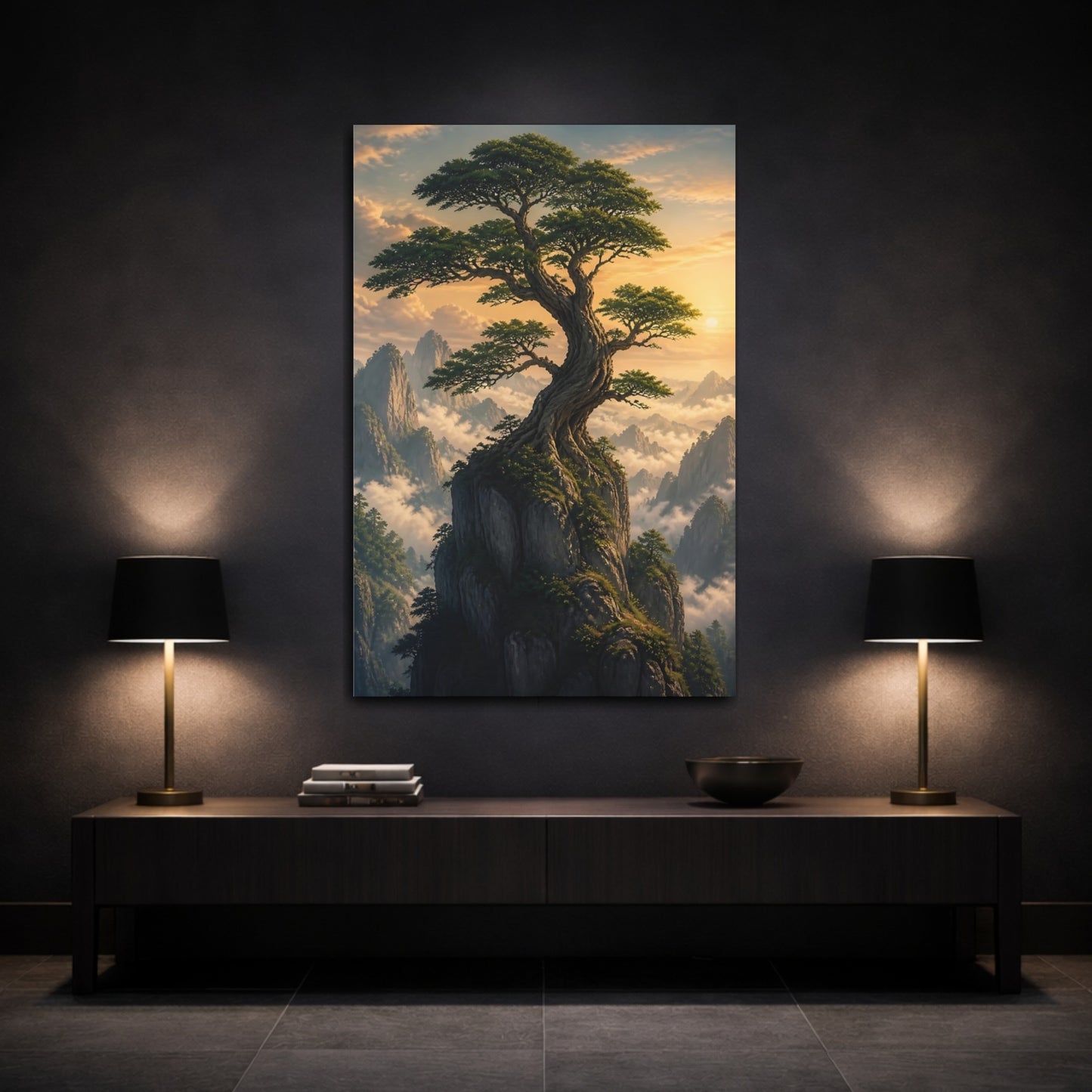 Mockup 3. Nature Bonsai Tree Green And Gold Landscape shown as stretched canvas wall art
