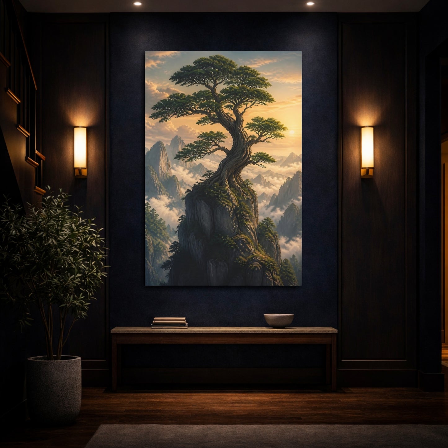 Mockup 4. Nature Bonsai Tree Green And Gold Landscape shown as stretched canvas wall art