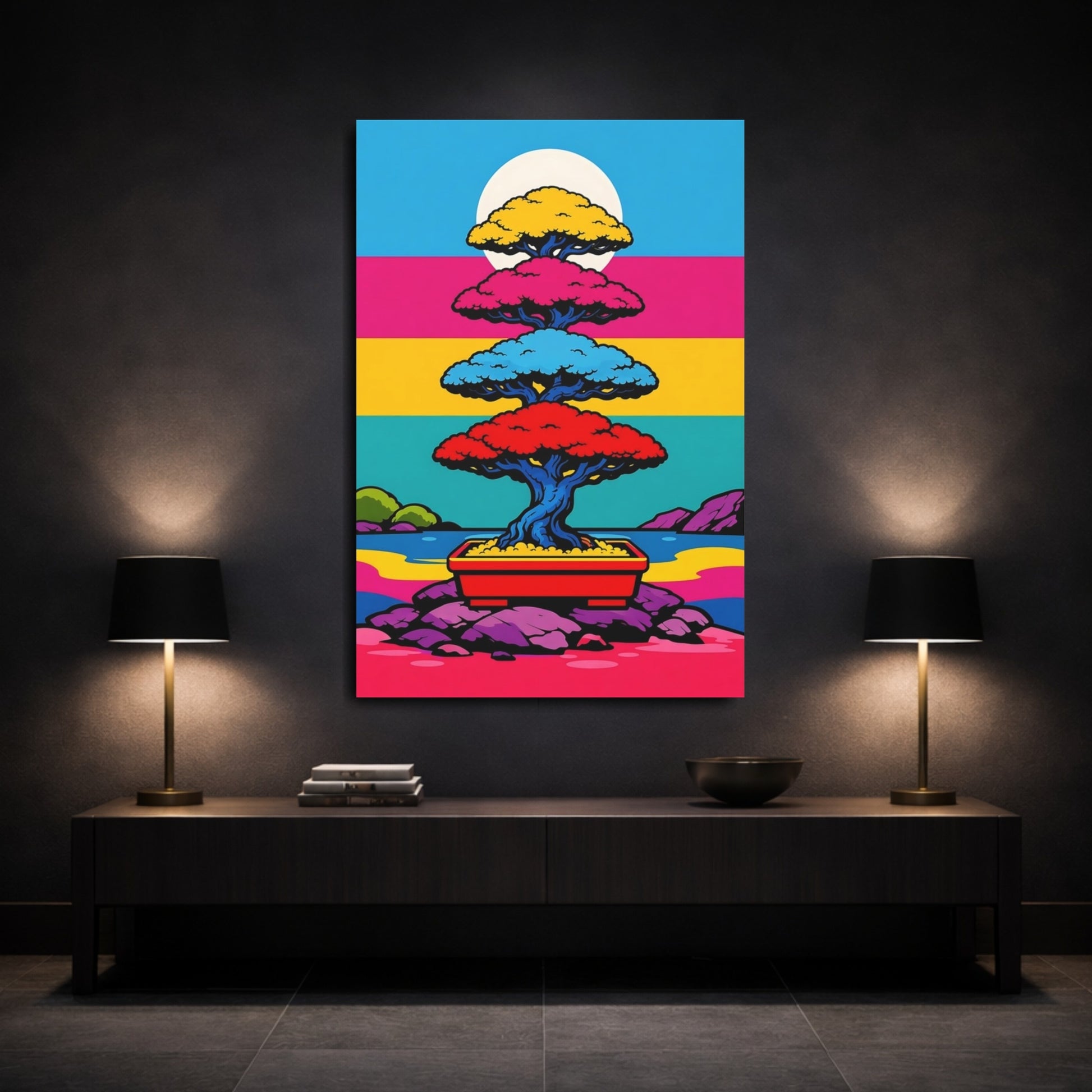 Mockup 2. Nature Bonsai Tree Vibrant Bonsai Landscape shown as stretched canvas wall art