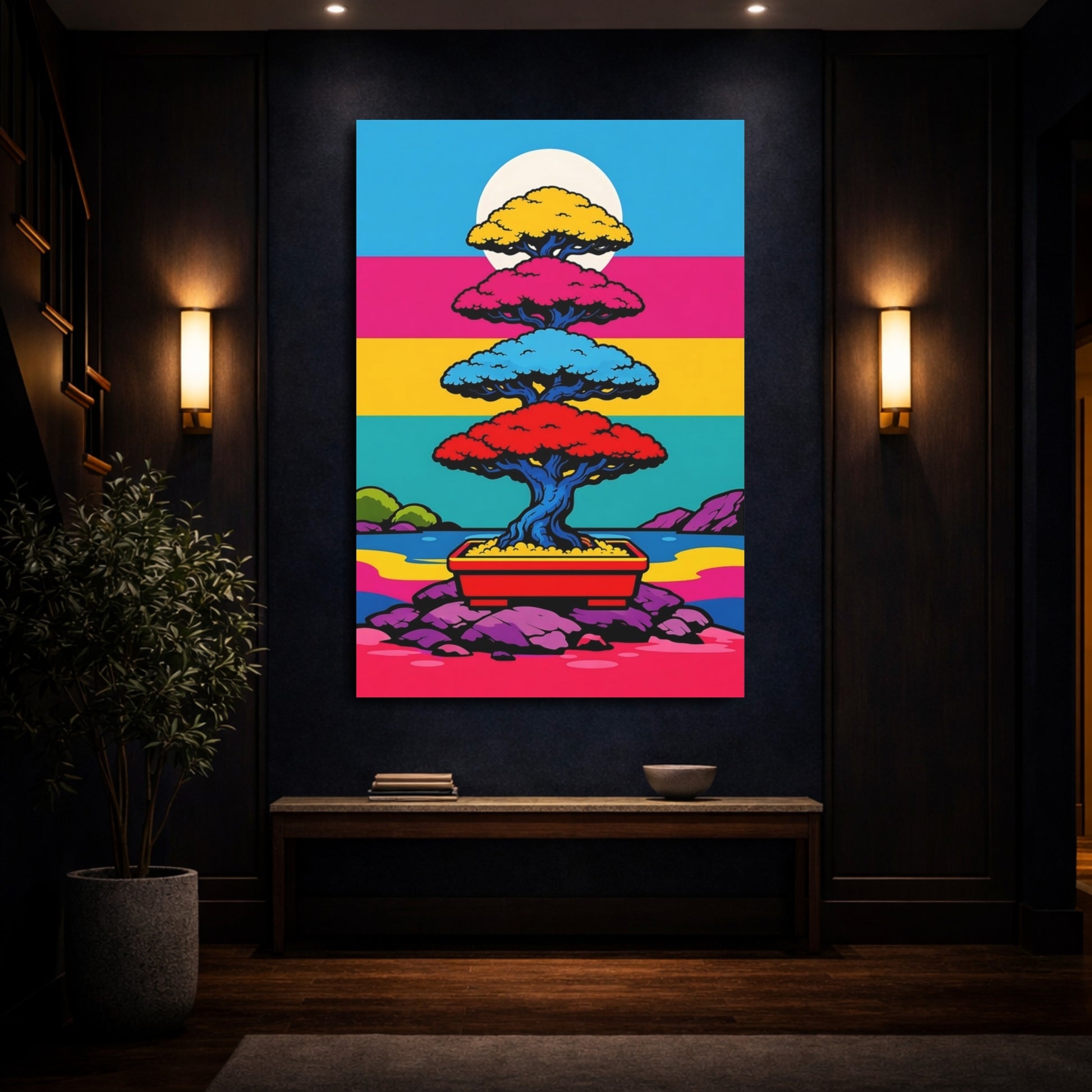 Mockup 3. Nature Bonsai Tree Vibrant Bonsai Landscape shown as stretched canvas wall art