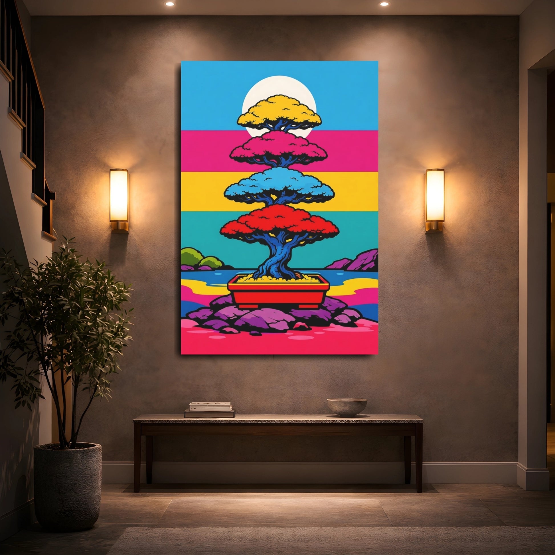 Mockup 4. Nature Bonsai Tree Vibrant Bonsai Landscape shown as stretched canvas wall art