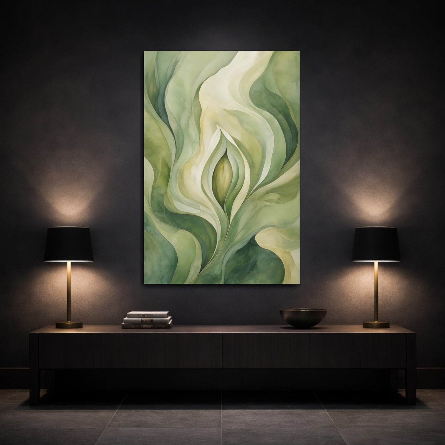 Mockup 3. Nature Botanical Abstract Green Organic shown as stretched canvas wall art