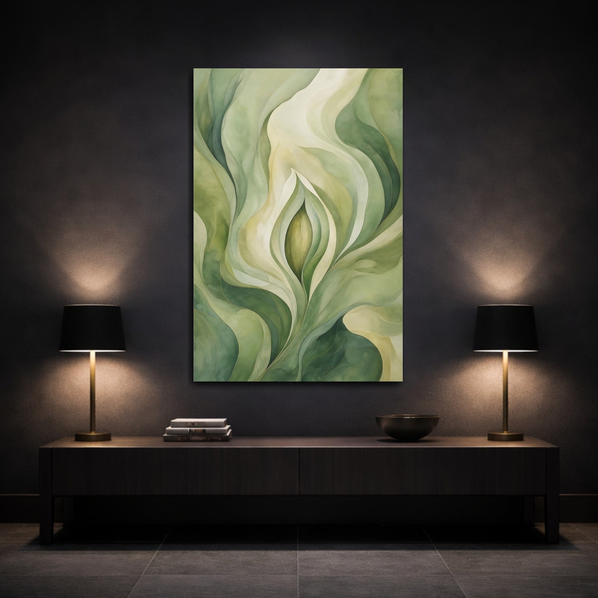 Mockup 3. Nature Botanical Abstract Green Organic shown as stretched canvas wall art