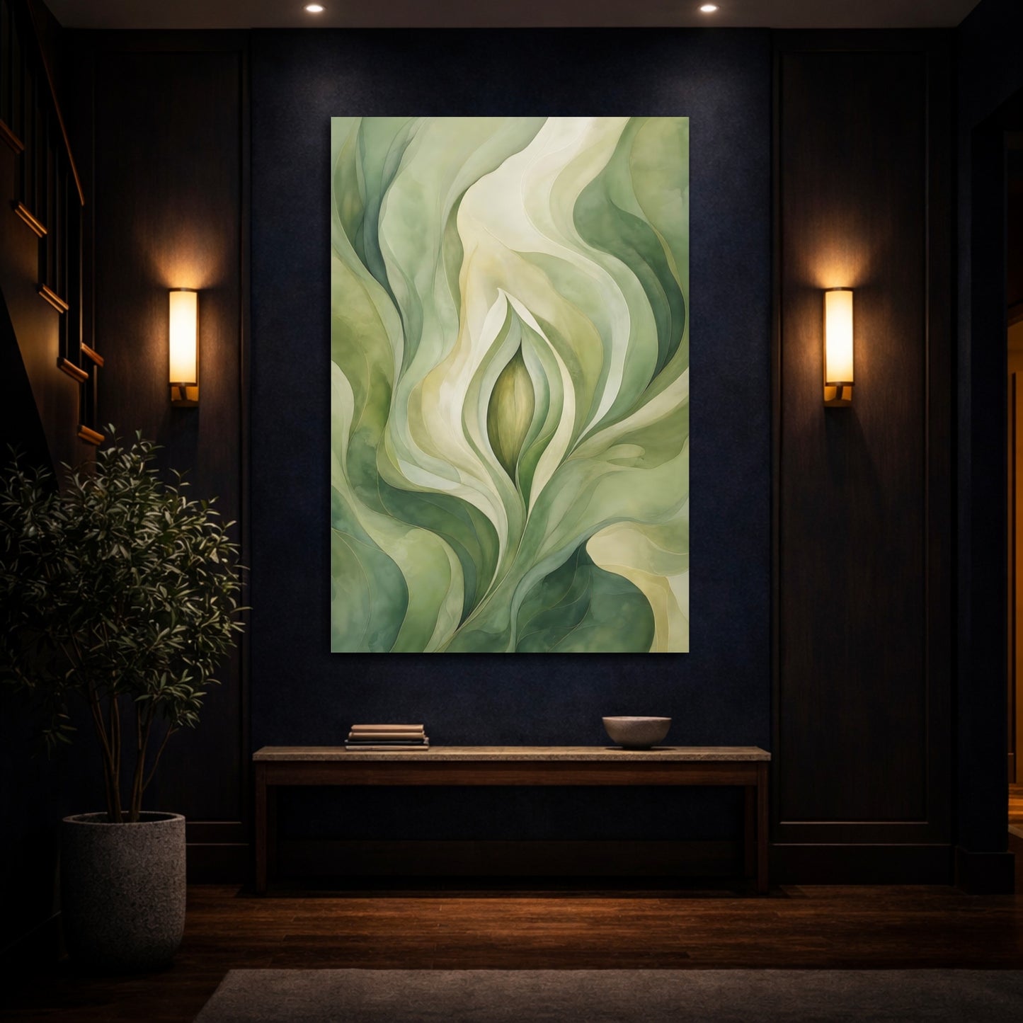 Mockup 4. Nature Botanical Abstract Green Organic shown as stretched canvas wall art