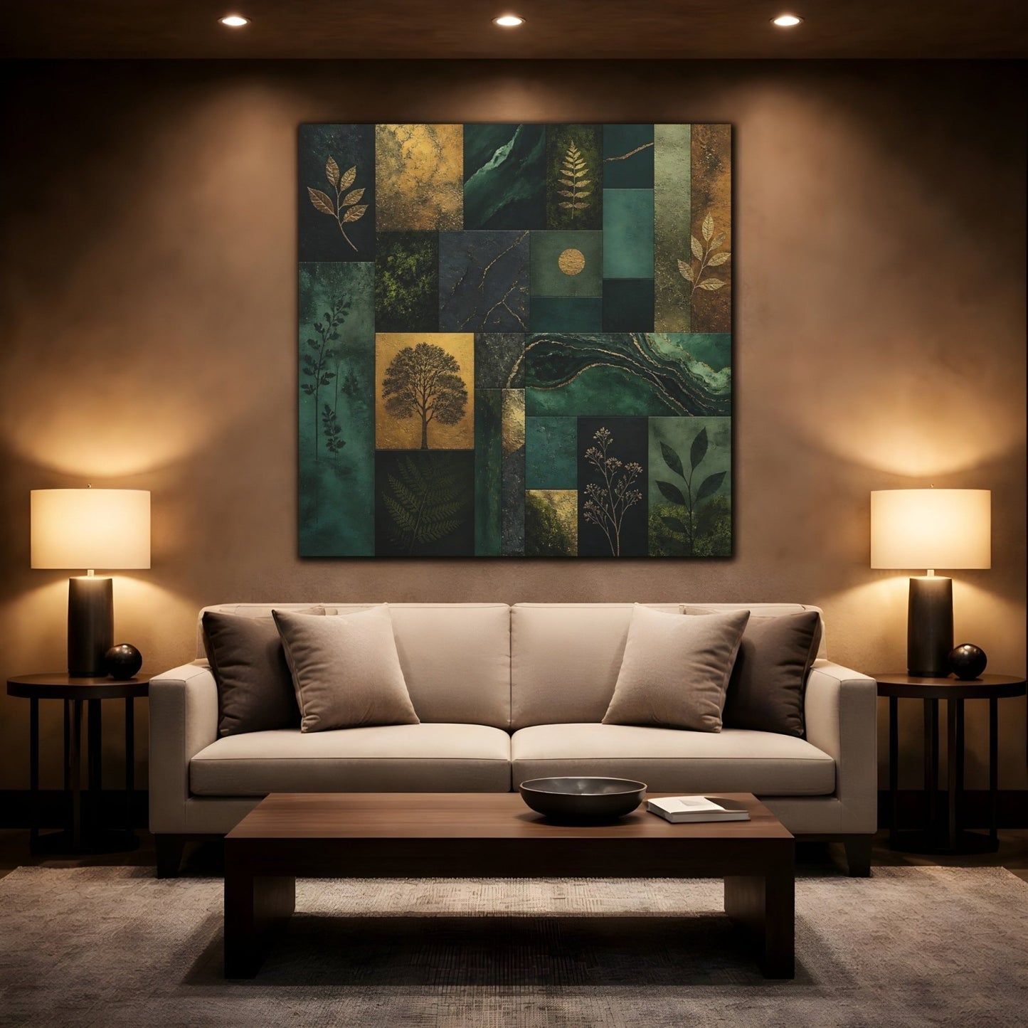 Nature Botanical Elements Green And Gold Canvas Print Wall Art – Modern Living Room, Above Console Table - YesArtYes