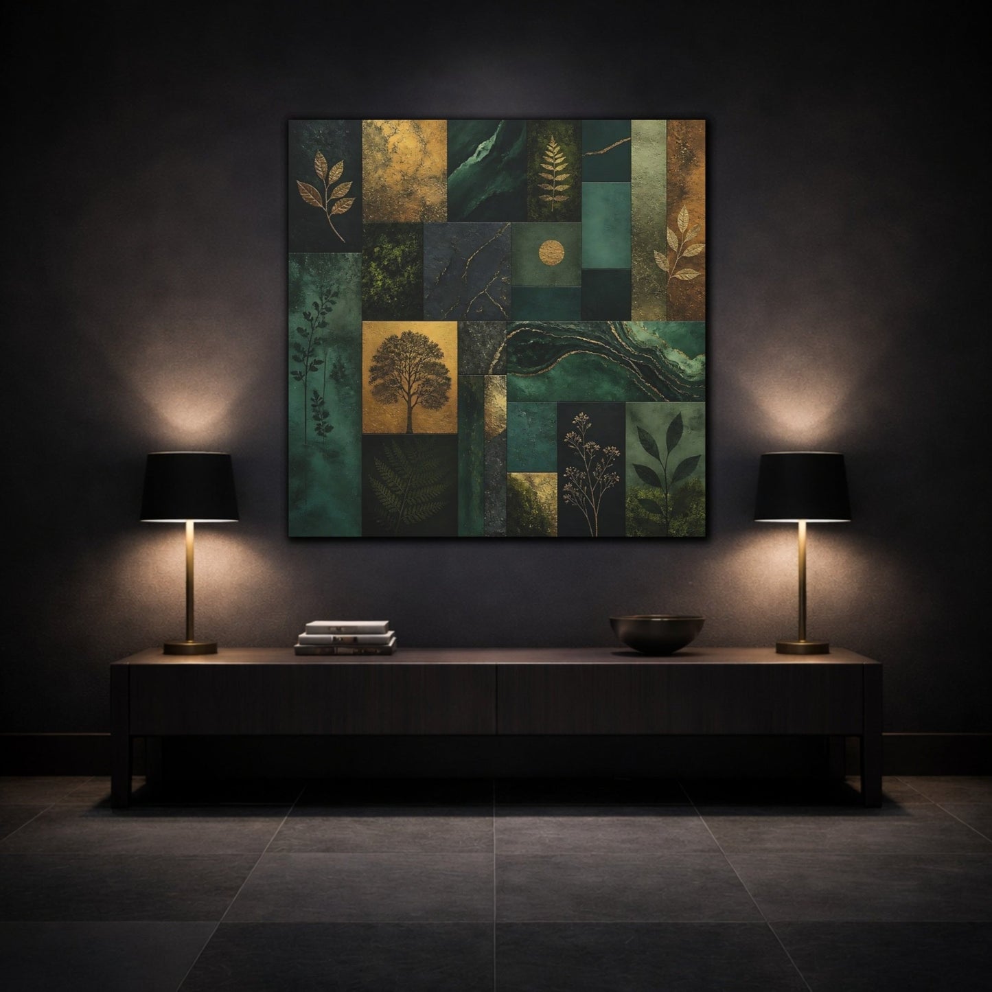 Nature Botanical Elements Green And Gold Canvas Print Wall Art – Modern Living Room, Above Console Table - YesArtYes