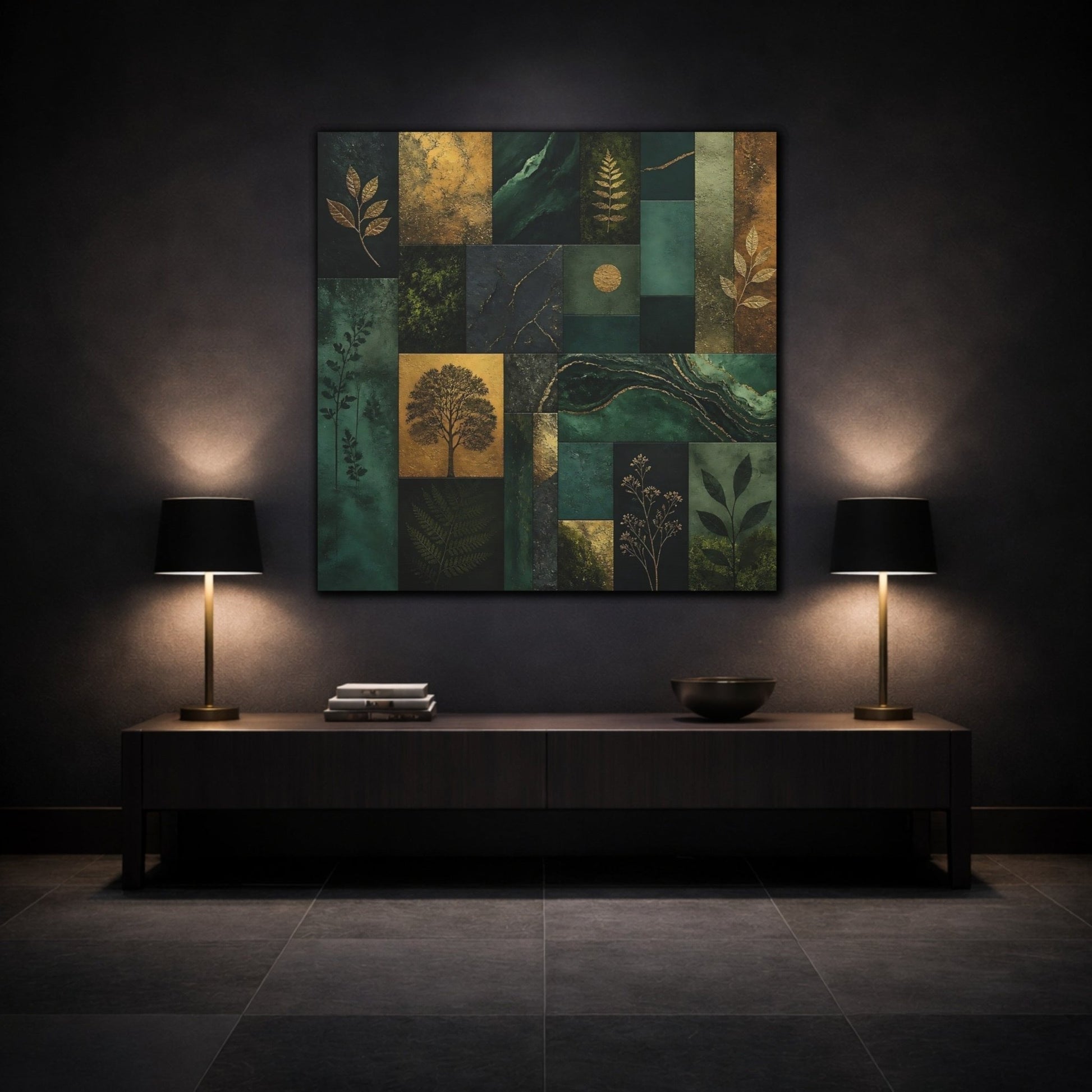 Nature Botanical Elements Green And Gold Canvas Print Wall Art – Modern Living Room, Above Console Table - YesArtYes