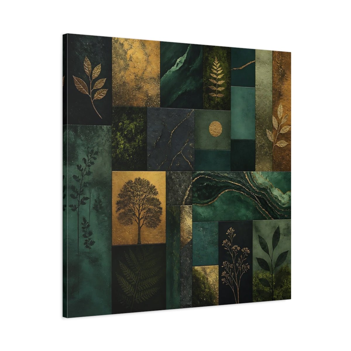 Nature Botanical Elements Green And Gold Canvas Print Wall Art – Modern Living Room, Above Console Table - YesArtYes