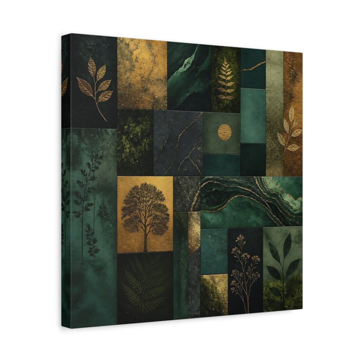 Nature Botanical Elements Green And Gold Canvas Print Wall Art – Modern Living Room, Above Console Table - YesArtYes