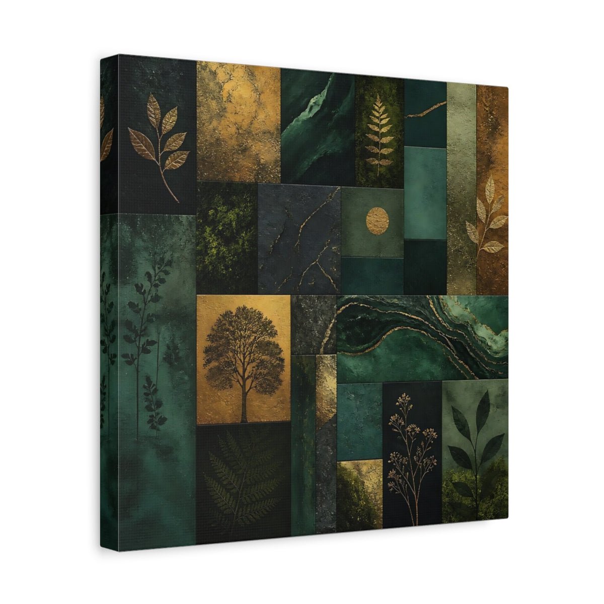 Nature Botanical Elements Green And Gold Canvas Print Wall Art – Modern Living Room, Above Console Table - YesArtYes