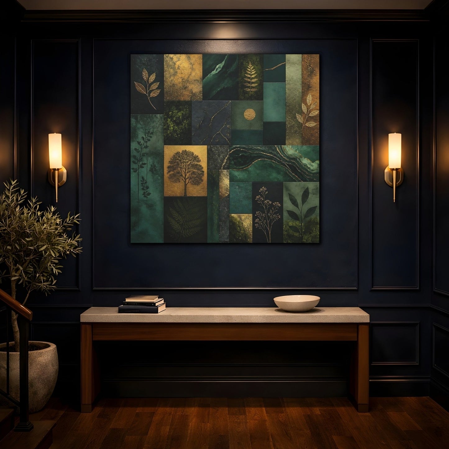 Nature Botanical Elements Green And Gold Canvas Print Wall Art – Modern Living Room, Above Console Table - YesArtYes