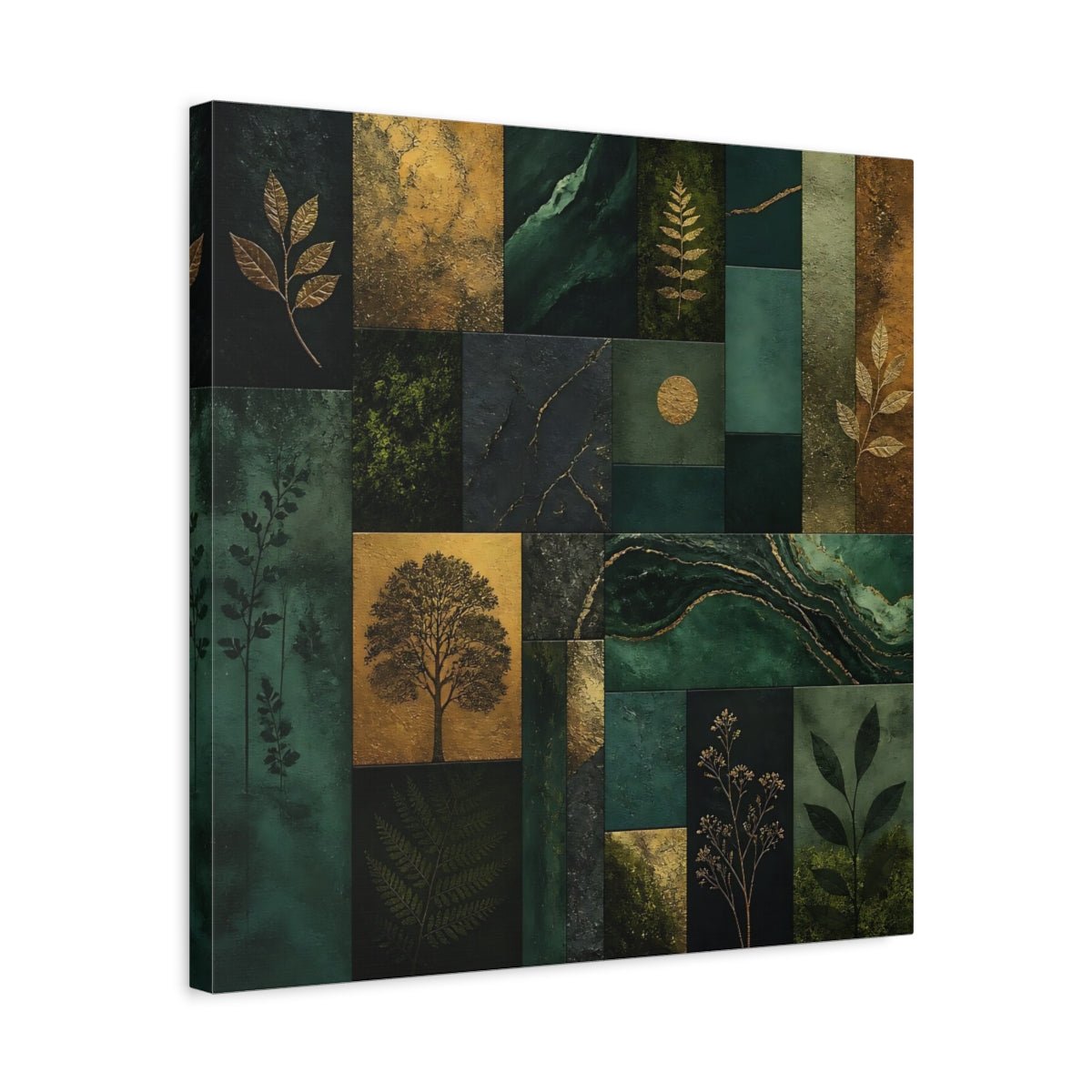 Nature Botanical Elements Green And Gold Canvas Print Wall Art – Modern Living Room, Above Console Table - YesArtYes