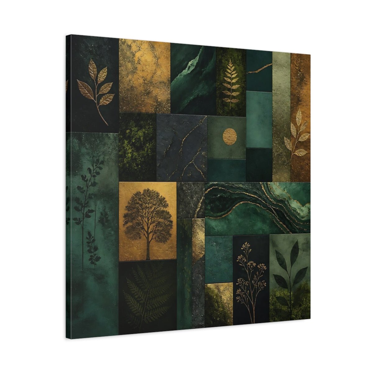 Nature Botanical Elements Green And Gold Canvas Print Wall Art – Modern Living Room, Above Console Table - YesArtYes