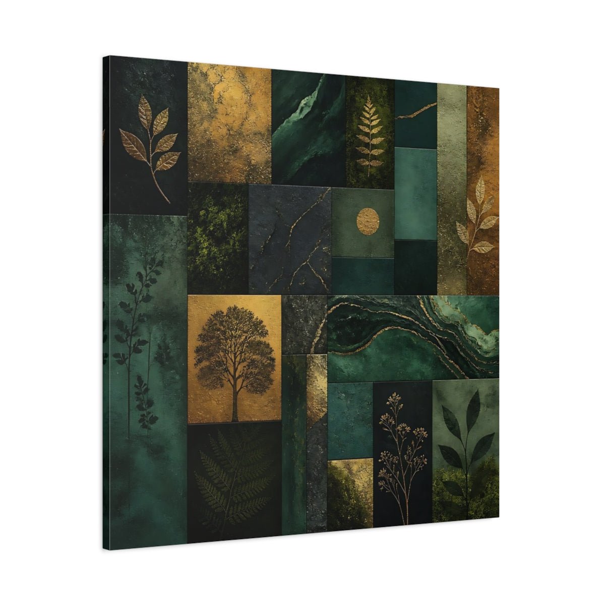 Nature Botanical Elements Green And Gold Canvas Print Wall Art – Modern Living Room, Above Console Table - YesArtYes