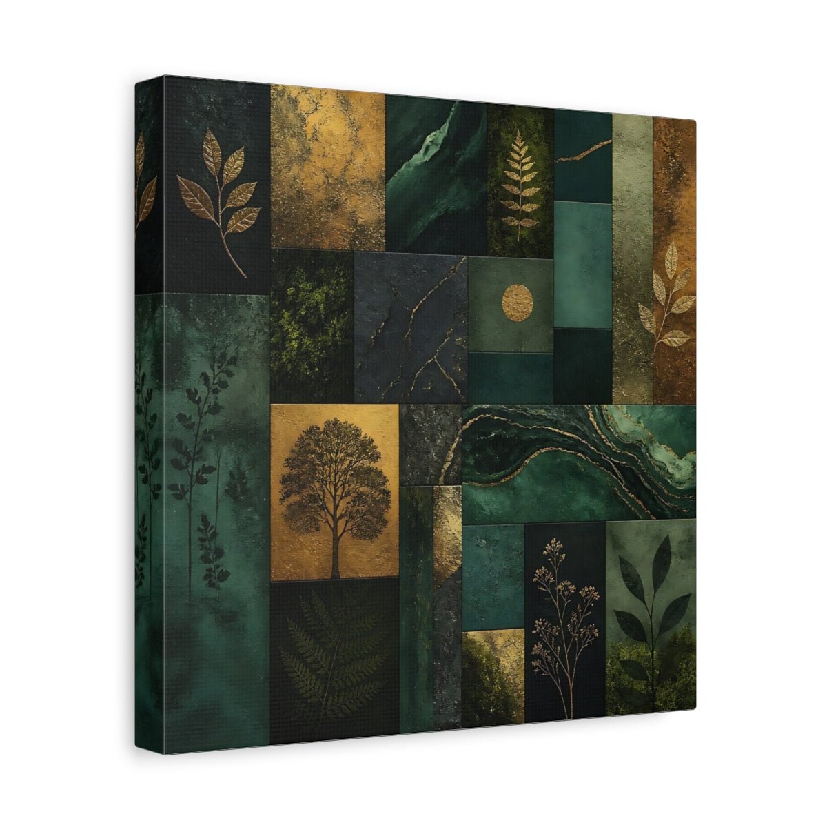 Nature Botanical Elements Green And Gold Canvas Print Wall Art – Modern Living Room, Above Console Table - YesArtYes