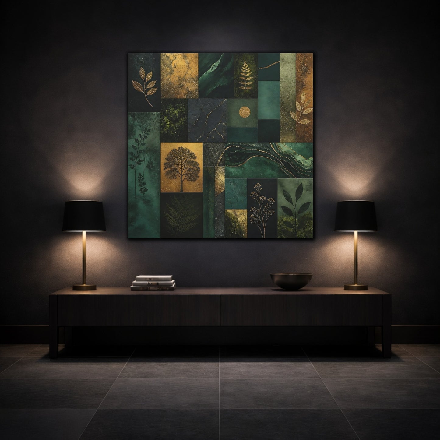 Mockup 3. Nature Botanical Elements Green And Gold shown as canvas print