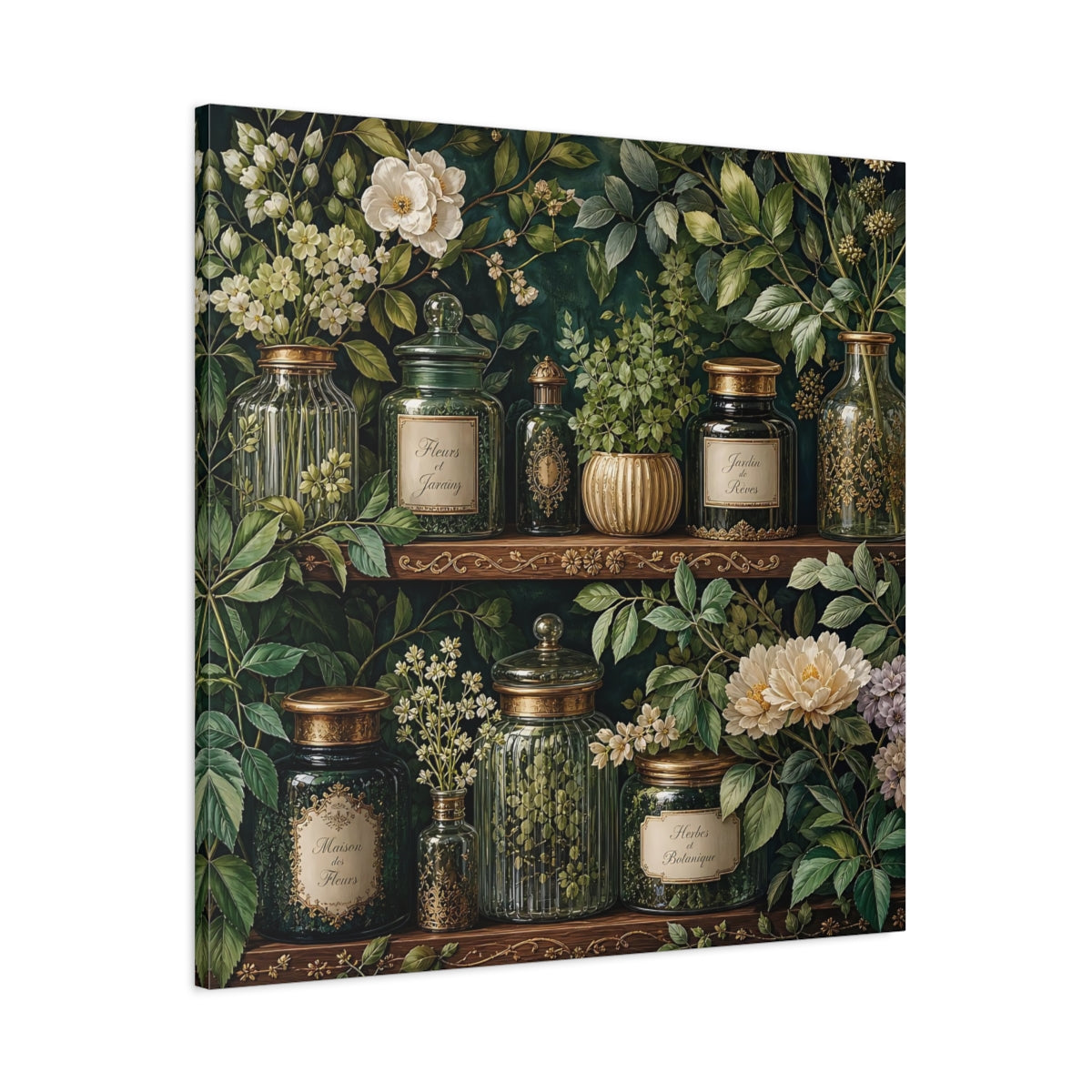 Main Mockup. Nature Botanical Jars Dark Green Botanical shown as stretched canvas wall art