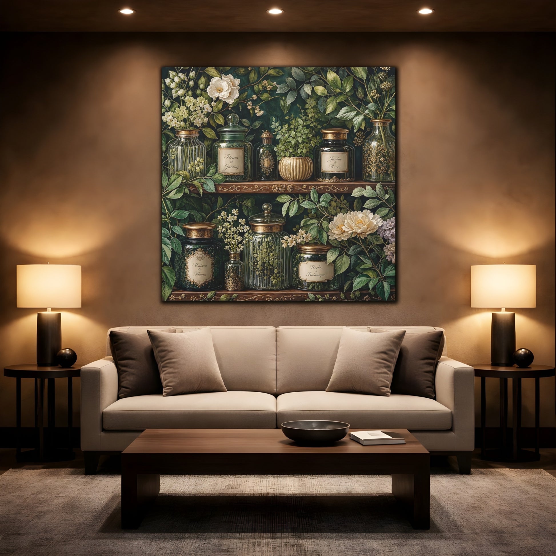 Mockup 2. Nature Botanical Jars Dark Green Botanical shown as stretched canvas wall art