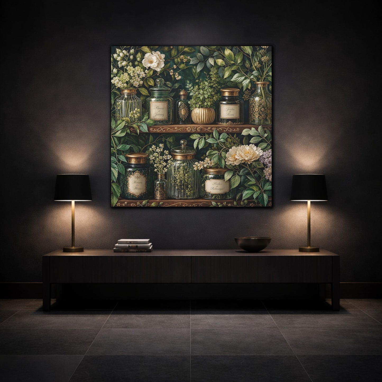 Mockup 3. Nature Botanical Jars Dark Green Botanical shown as stretched canvas wall art