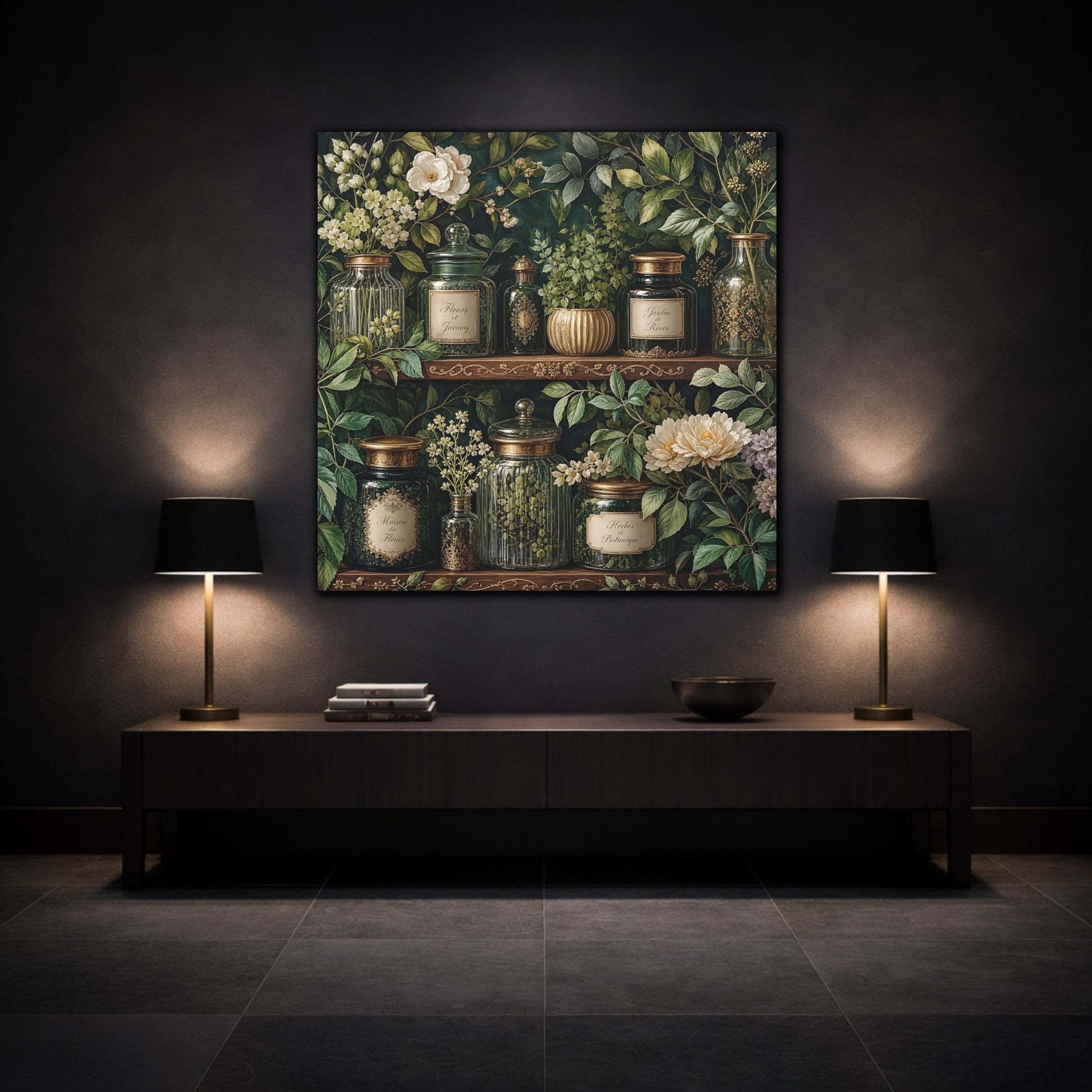 Mockup 3. Nature Botanical Jars Dark Green Botanical shown as stretched canvas wall art