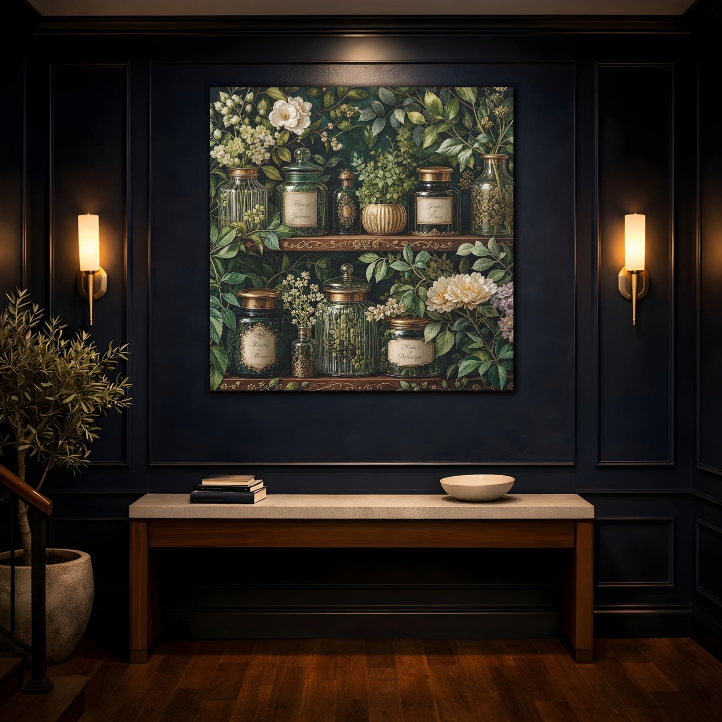 Mockup 4. Nature Botanical Jars Dark Green Botanical shown as stretched canvas wall art