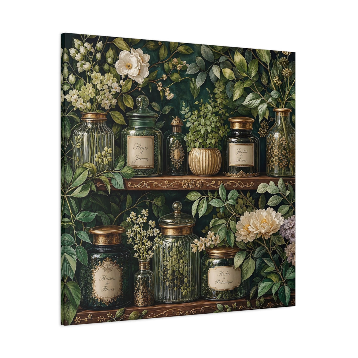 Side Mockup 1. Nature Botanical Jars Dark Green Botanical shown as stretched canvas wall art