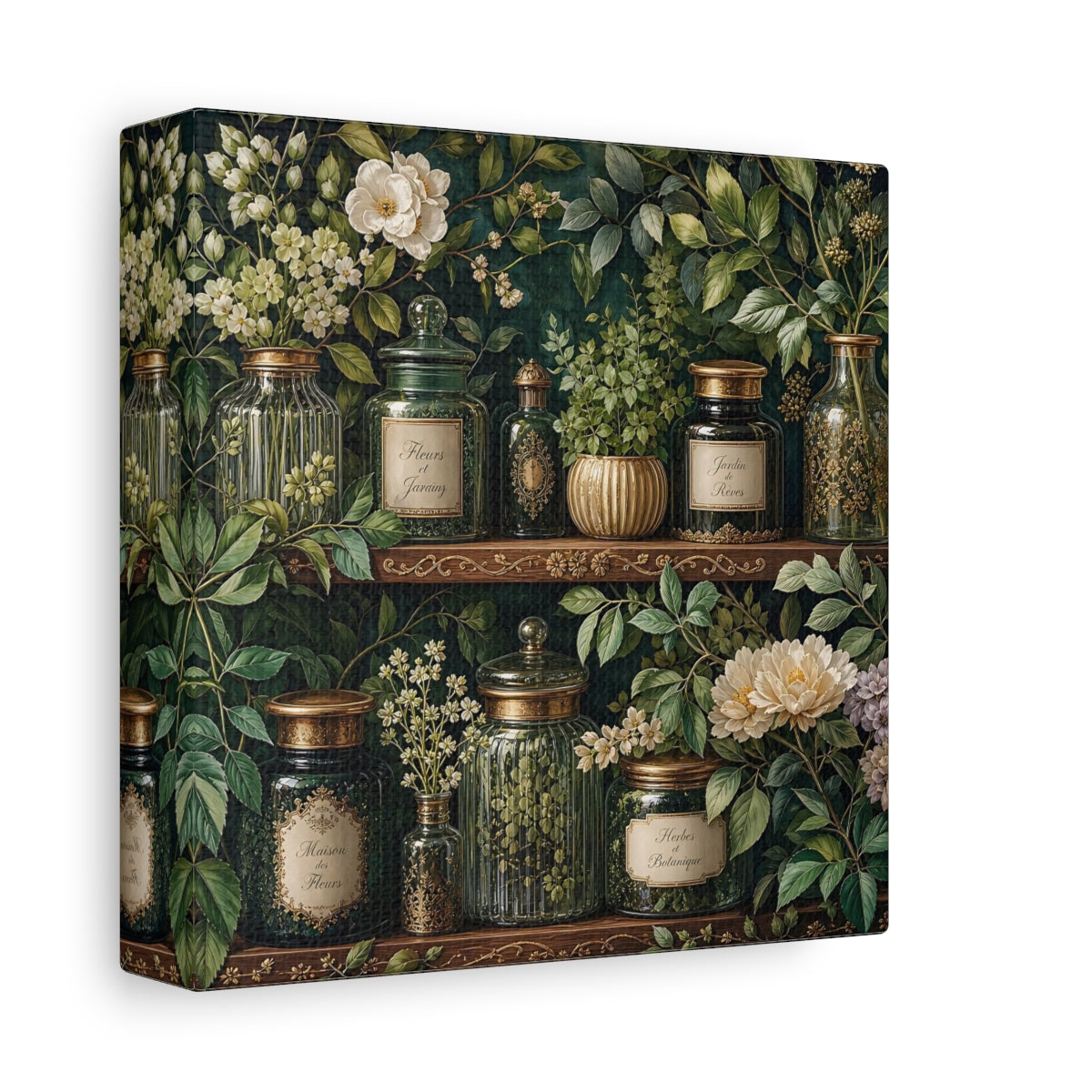 Side Mockup 2. Nature Botanical Jars Dark Green Botanical shown as stretched canvas wall art