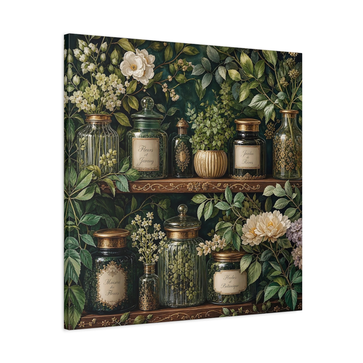 Side Mockup 3. Nature Botanical Jars Dark Green Botanical shown as stretched canvas wall art