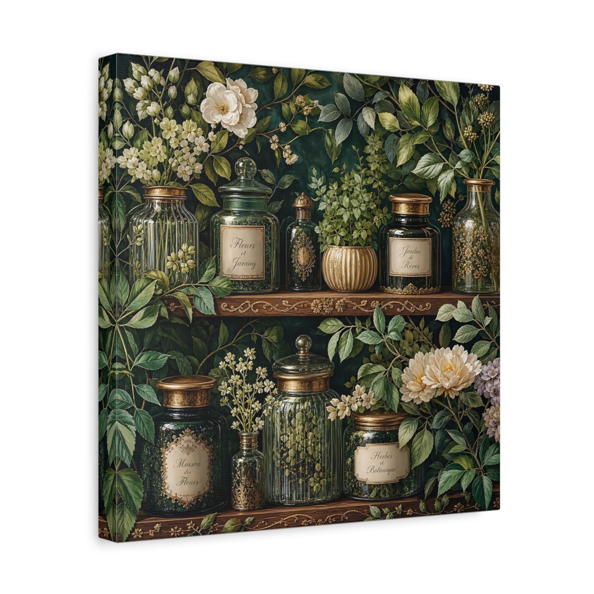 Side Mockup 7. Nature Botanical Jars Dark Green Botanical shown as stretched canvas wall art
