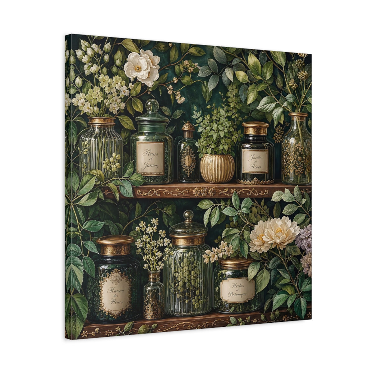 Side Mockup 4. Nature Botanical Jars Dark Green Botanical shown as stretched canvas wall art