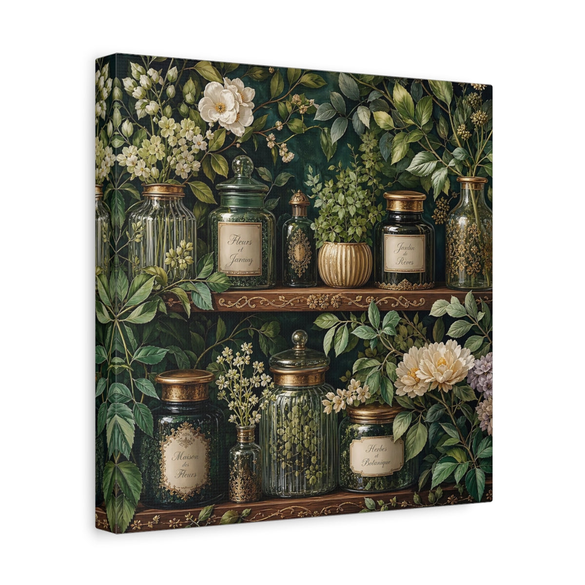Side Mockup 8. Nature Botanical Jars Dark Green Botanical shown as stretched canvas wall art