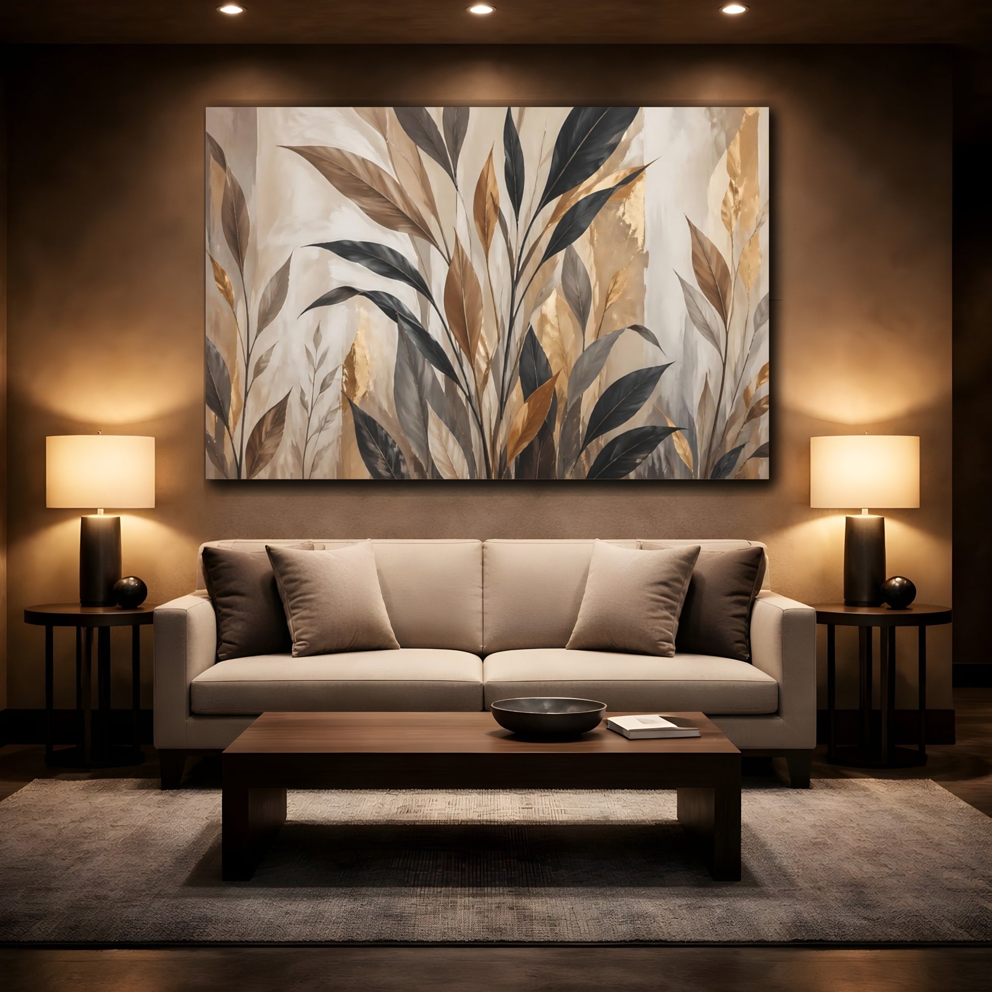 Mockup 2. Nature Botanical Leaves Brown And Gold Botanical shown as stretched canvas wall art