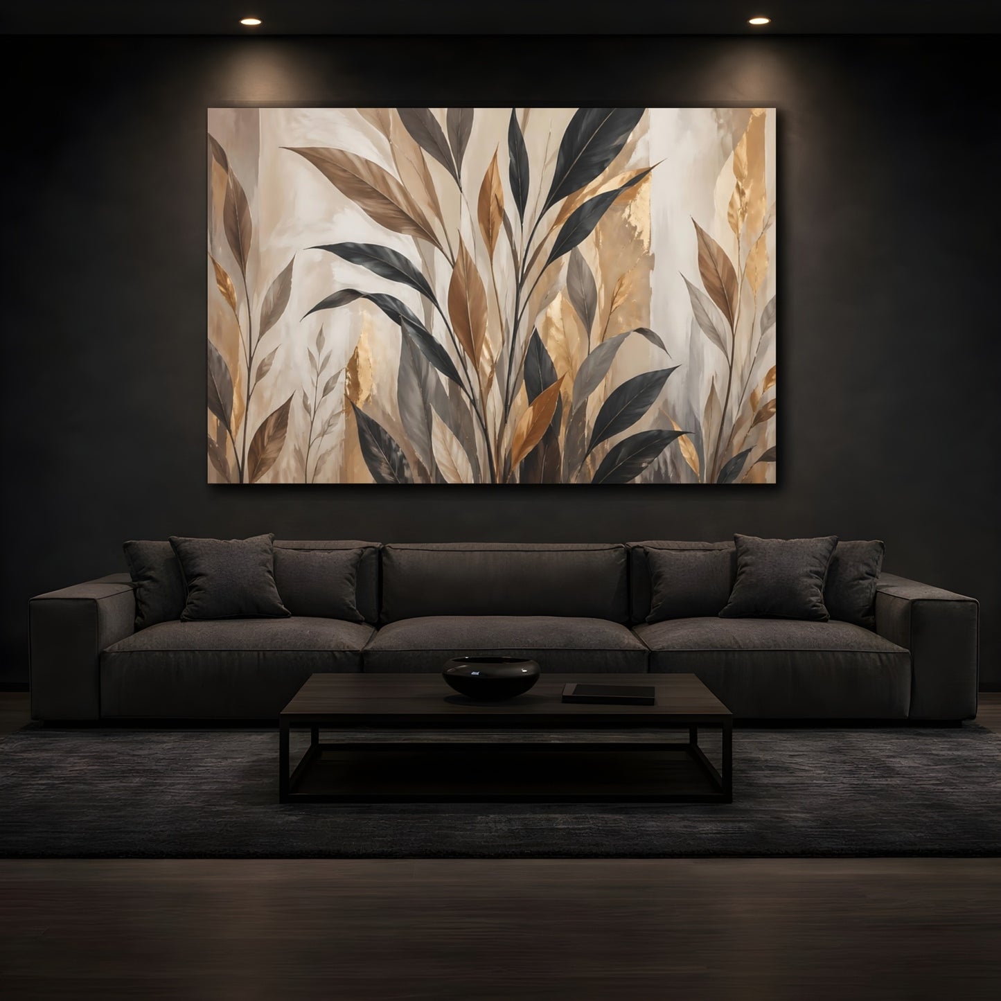 Mockup 3. Nature Botanical Leaves Brown And Gold Botanical shown as stretched canvas wall art