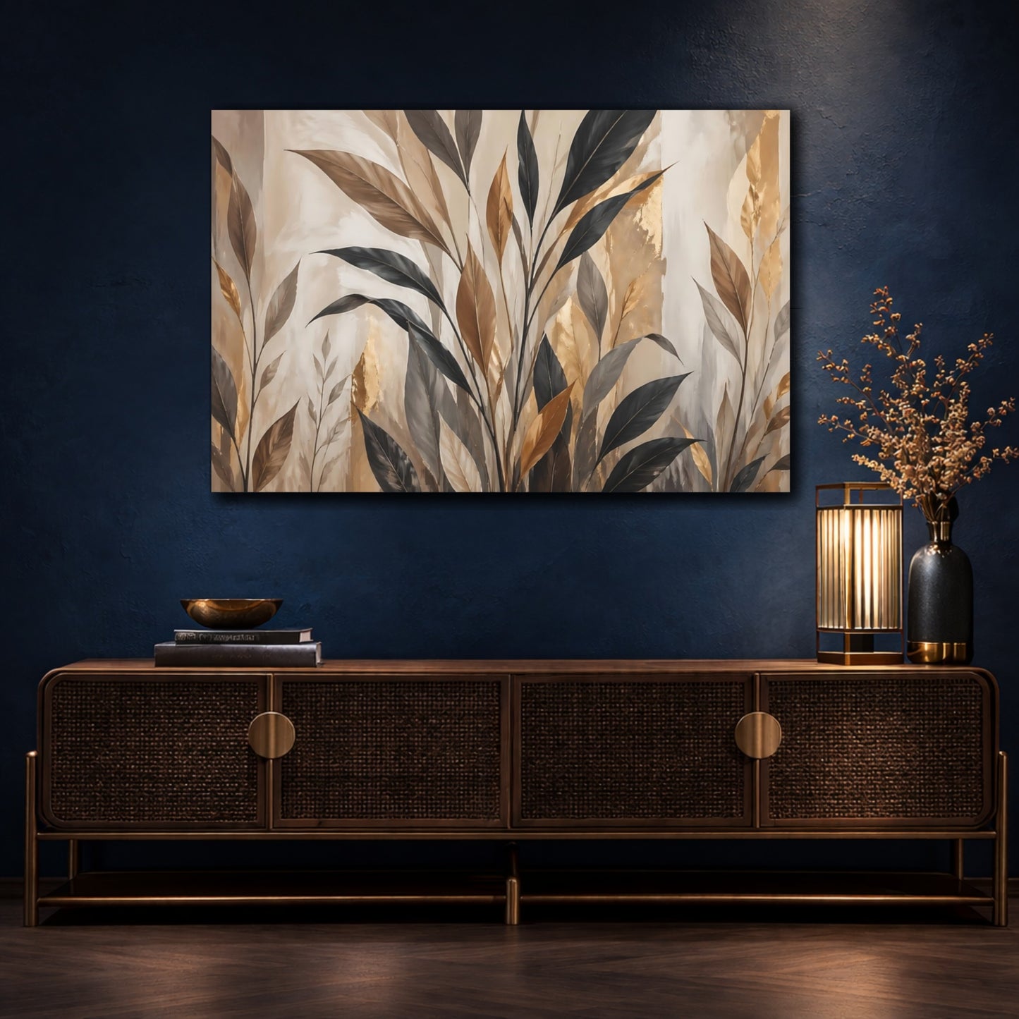 Mockup 4. Nature Botanical Leaves Brown And Gold Botanical shown as stretched canvas wall art