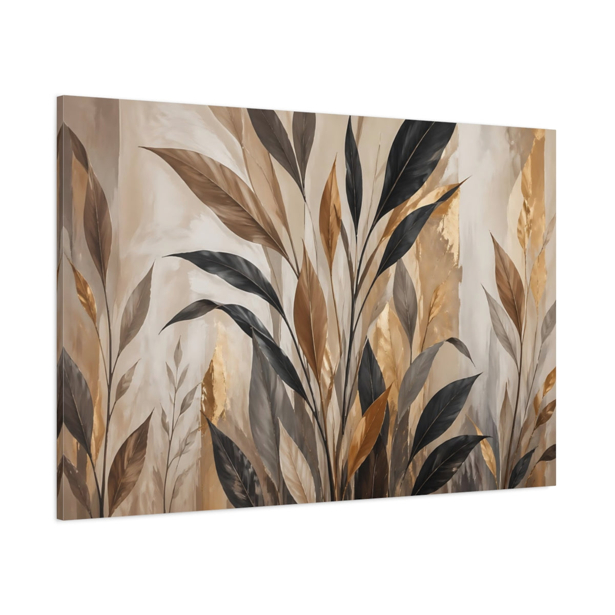 Side Mockup 1. Nature Botanical Leaves Brown And Gold Botanical shown as stretched canvas wall art