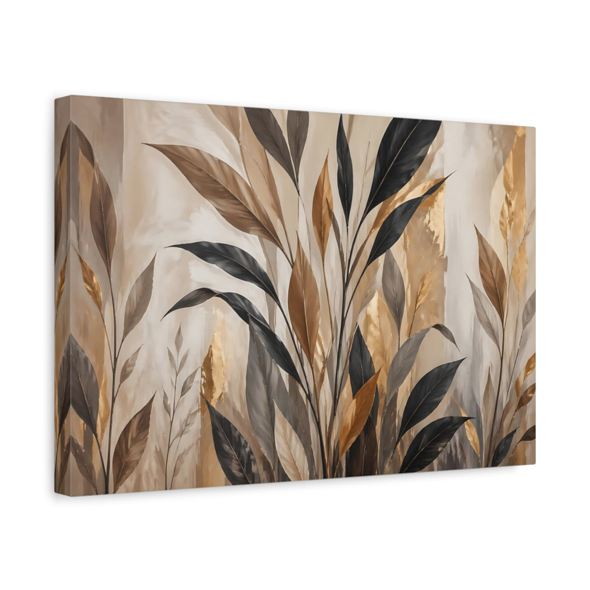 Side Mockup 4. Nature Botanical Leaves Brown And Gold Botanical shown as stretched canvas wall art