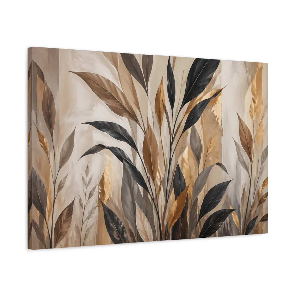 Side Mockup 2. Nature Botanical Leaves Brown And Gold Botanical shown as stretched canvas wall art