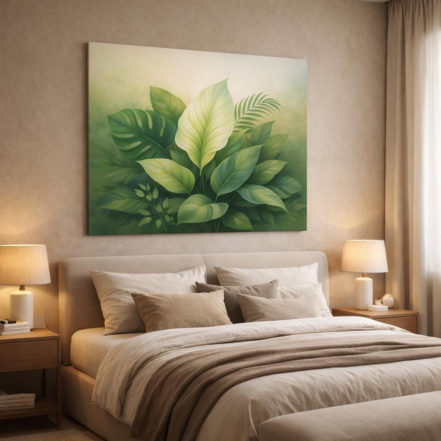 Nature Botanical Leaves shown as canvas wall art in a luxury bedroom