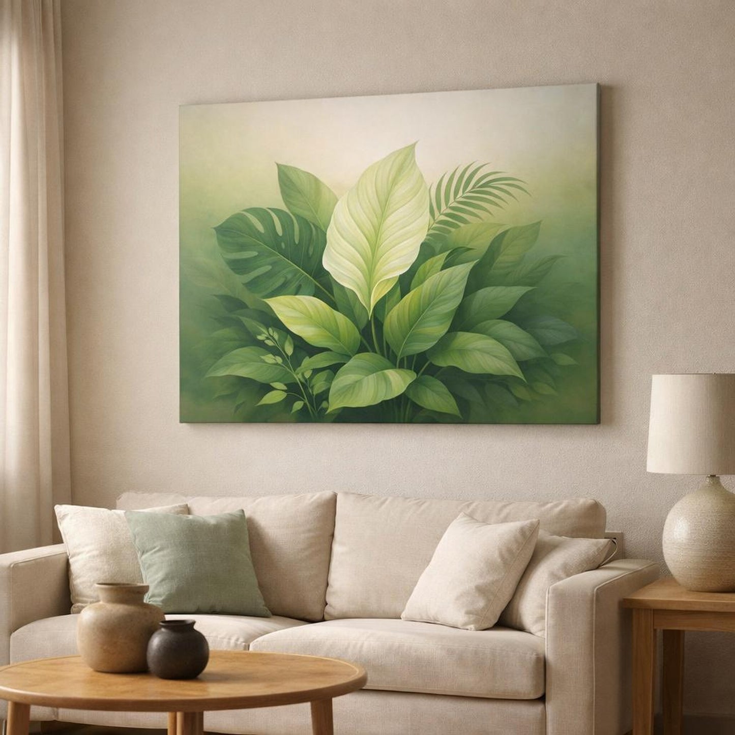 Nature Botanical Leaves shown as canvas wall art in a modern living room