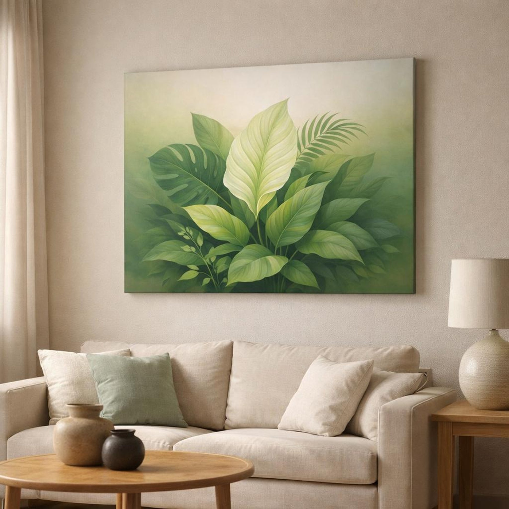 Nature Botanical Leaves shown as canvas wall art in a modern living room