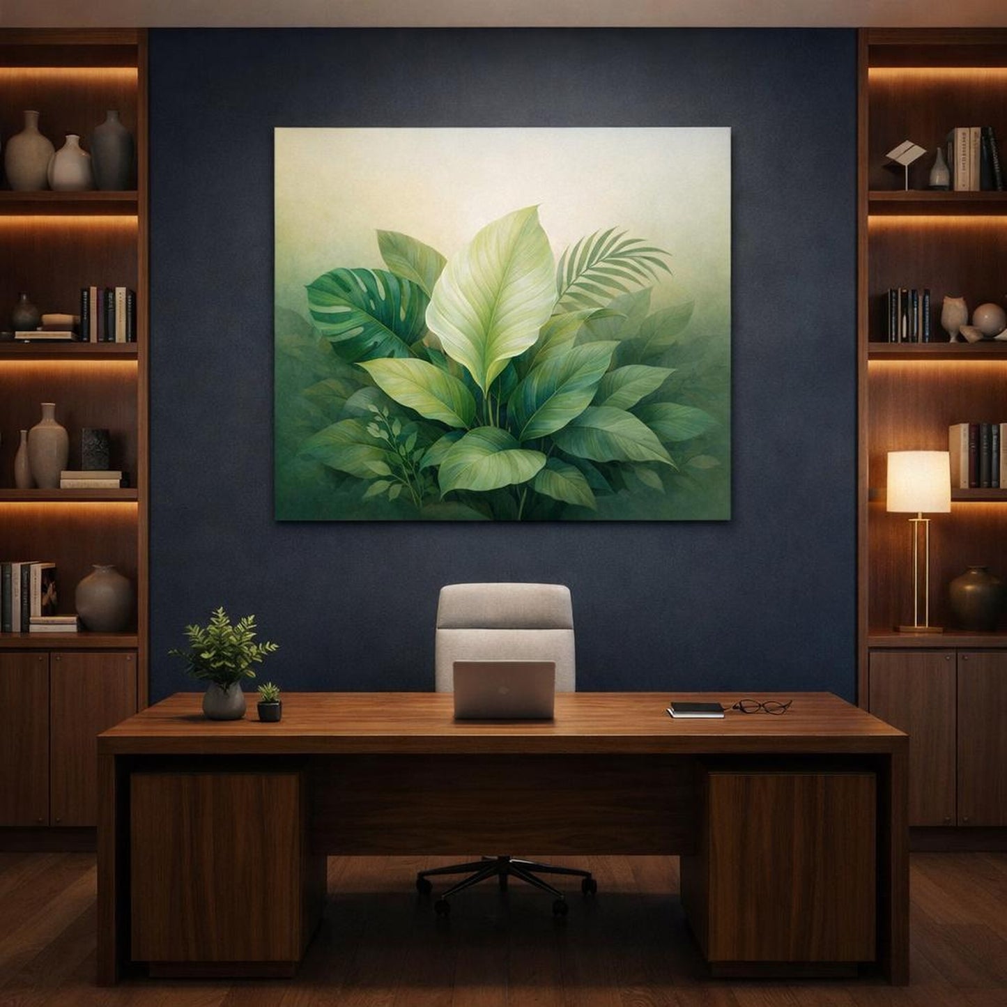 Nature Botanical Leaves shown as canvas wall art in a refined dining room