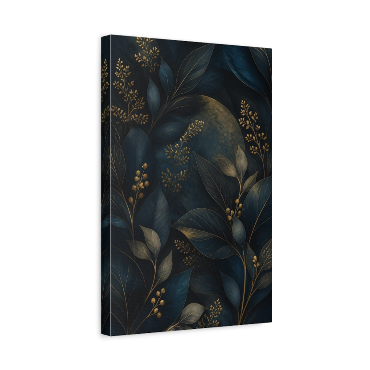 Side Mockup 4. Nature Botanical Leaves Deep Teal And Gold shown as stretched canvas wall art