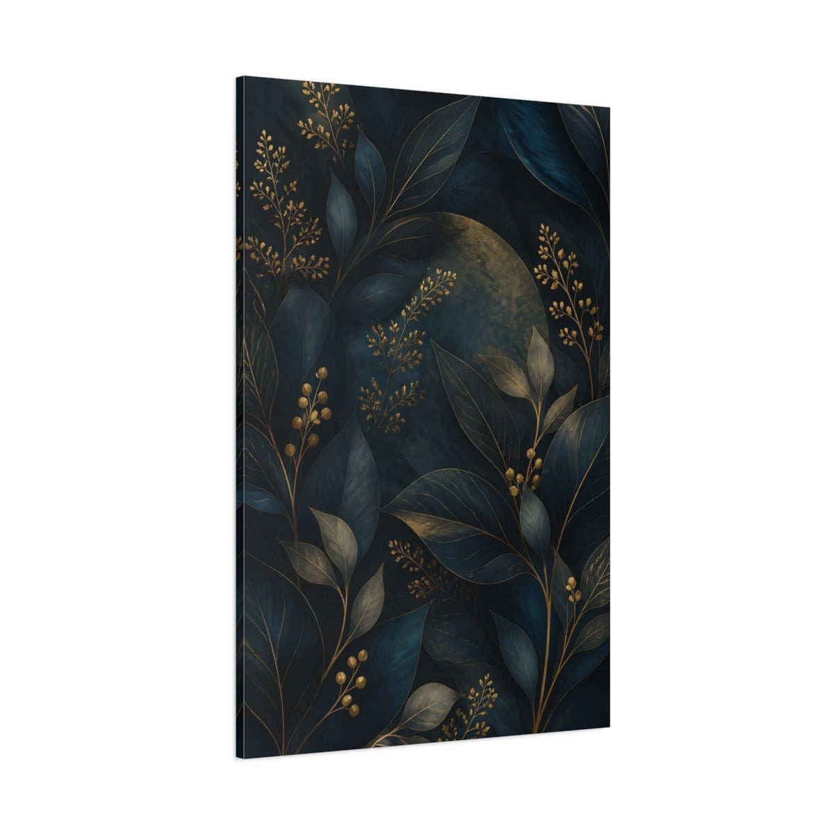 Side Mockup 1. Nature Botanical Leaves Deep Teal And Gold shown as stretched canvas wall art