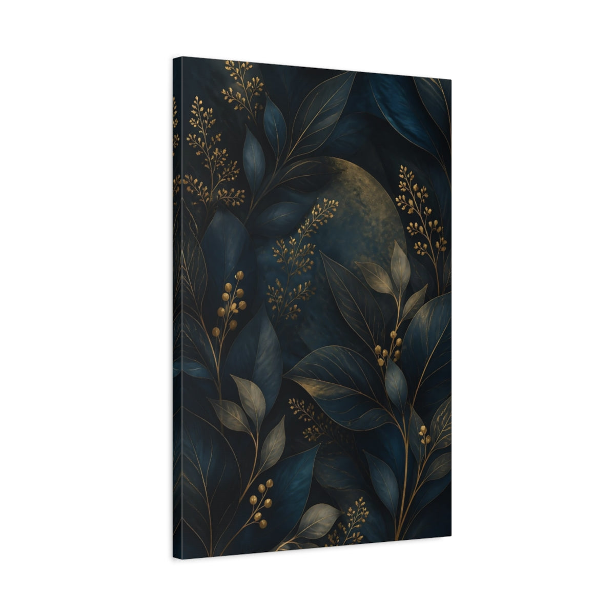 Side Mockup 2. Nature Botanical Leaves Deep Teal And Gold shown as stretched canvas wall art