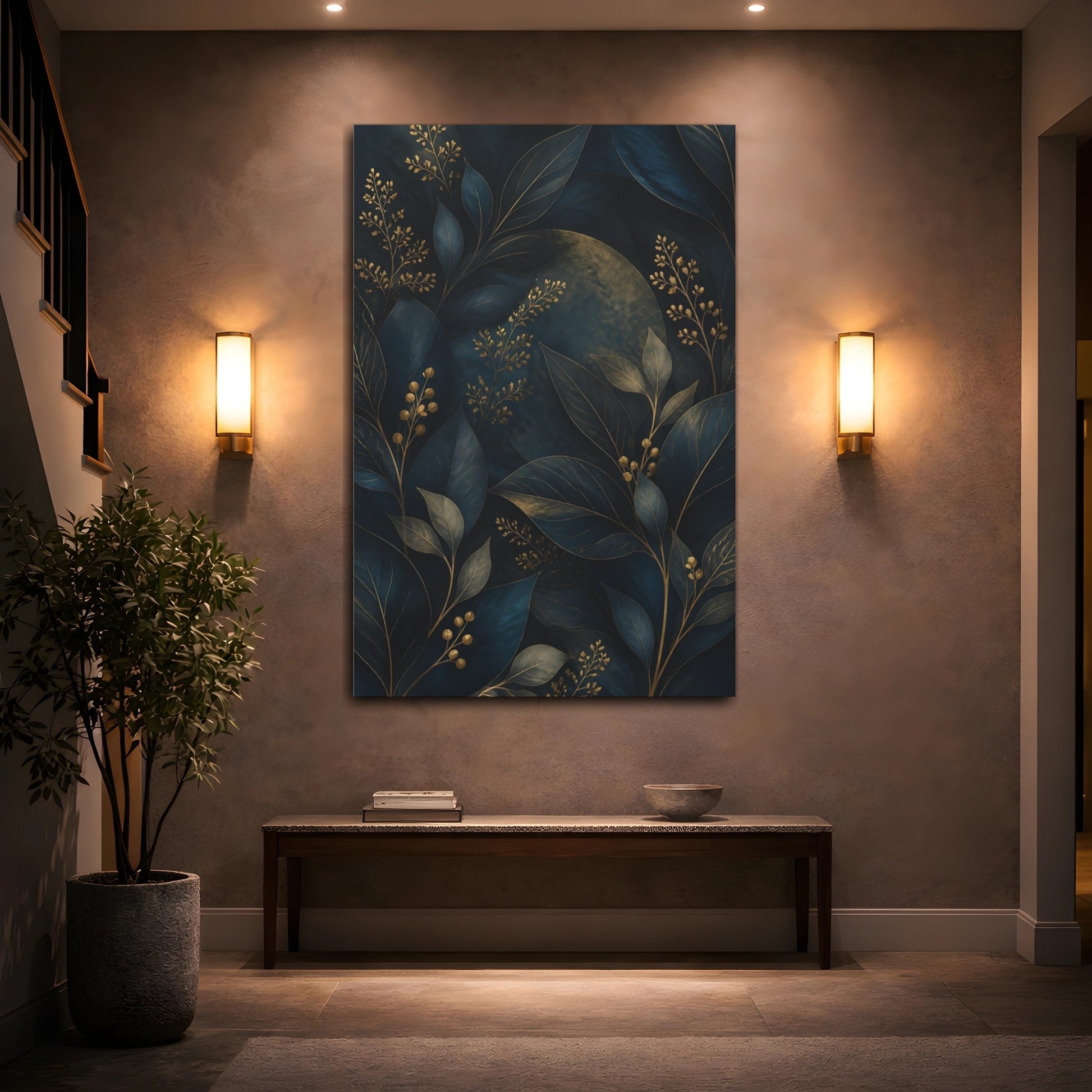 Mockup 2. Nature Botanical Leaves Deep Teal And Gold shown as stretched canvas wall art