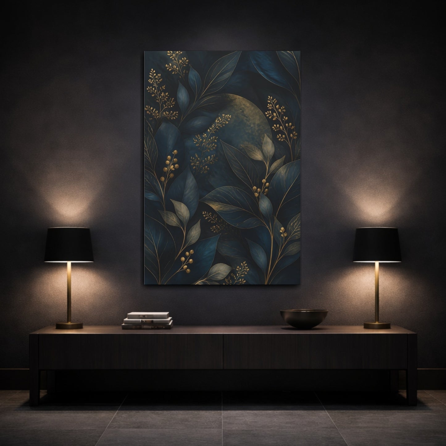 Mockup 3. Nature Botanical Leaves Deep Teal And Gold shown as stretched canvas wall art