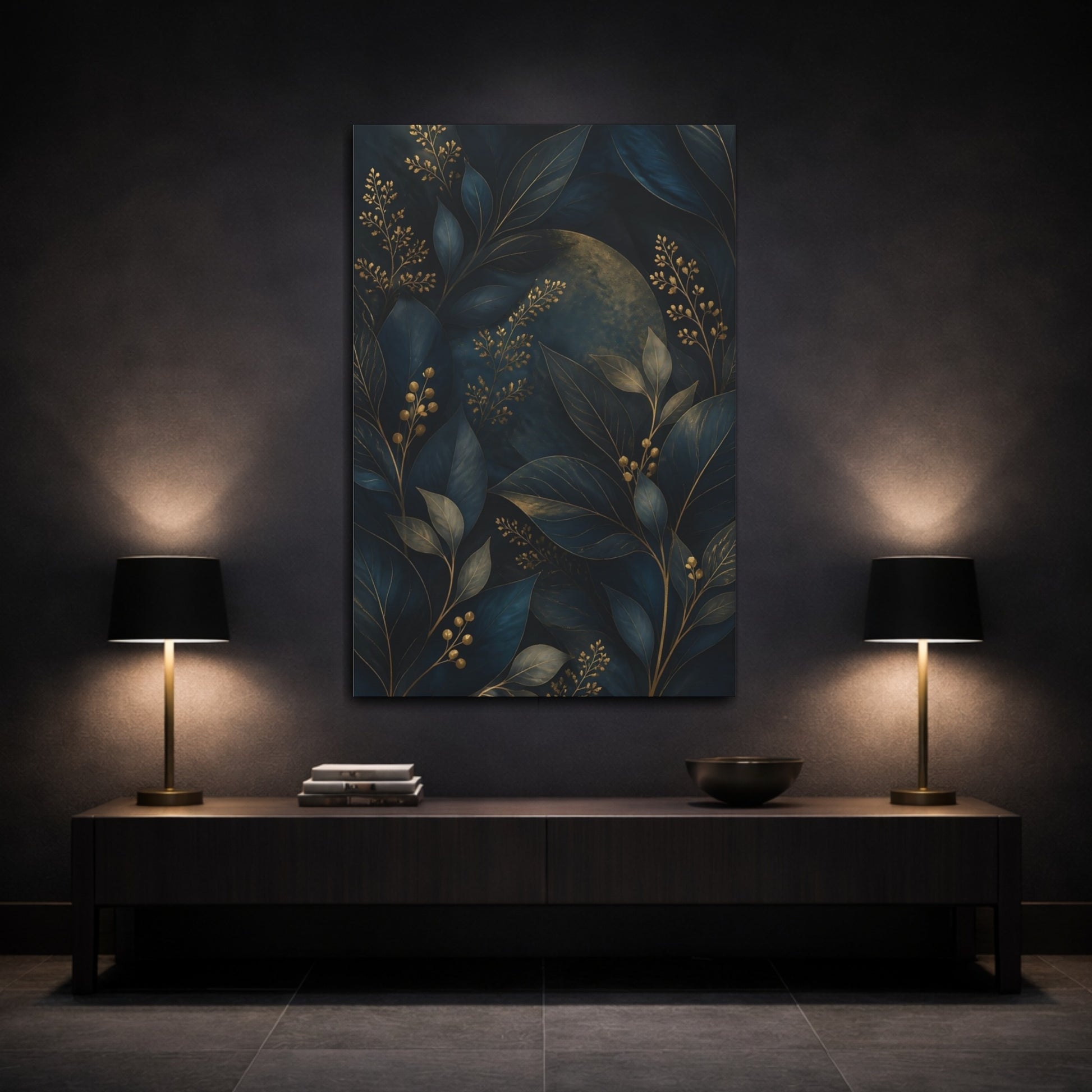 Mockup 3. Nature Botanical Leaves Deep Teal And Gold shown as stretched canvas wall art