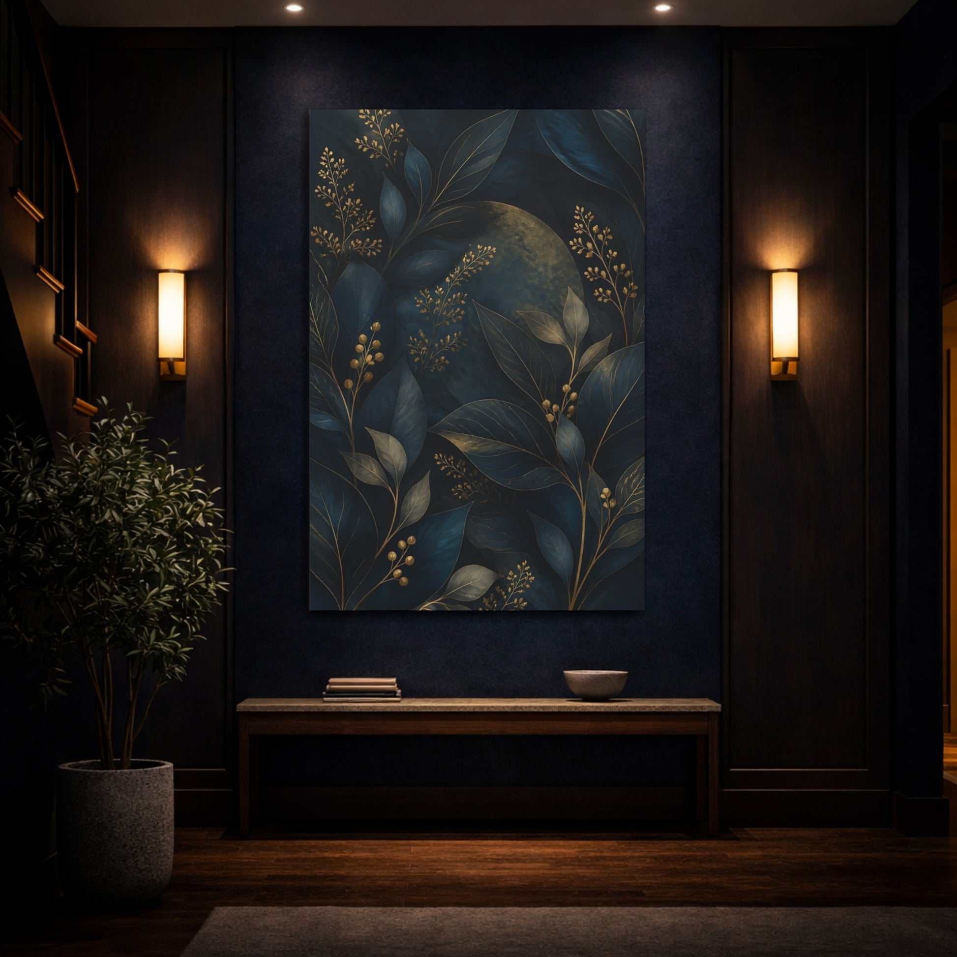 Mockup 4. Nature Botanical Leaves Deep Teal And Gold shown as stretched canvas wall art