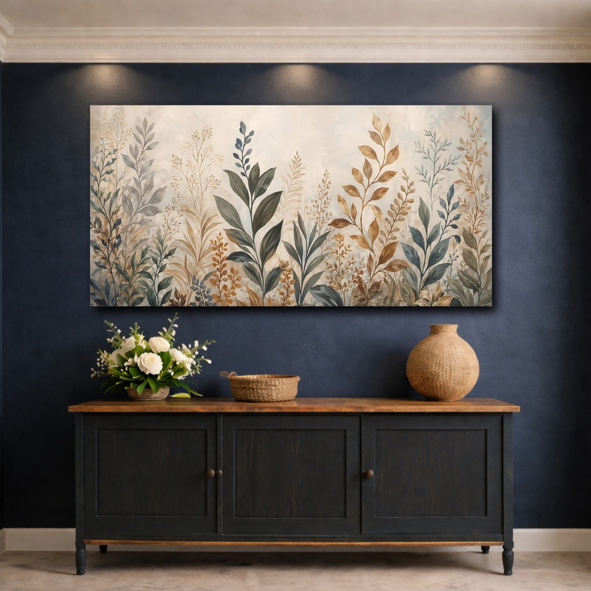 Mockup 4. Nature Botanical Leaves Earthy Botanical shown as stretched canvas wall art